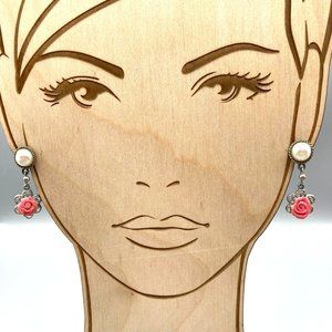 Coquette Vintage Rose Dangle Earrings, Faux Pearl in Silver Tone Drops